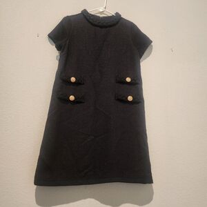 Black Short-Sleeve Mini Dress with Gold Button Accents